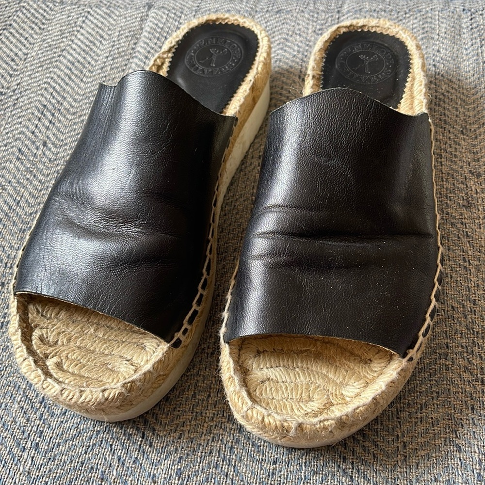 Penelope Chilvers Black Leather Platform Slides Espadrille Sandals Size: 39